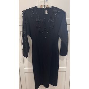 Vtg Outlander Black Beaded Bow Long Sleeve Knit Dress Size M